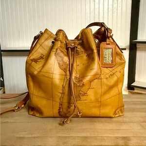 Alviero Martini Classe Brown World Map Drawstring Bucket Bag Purse